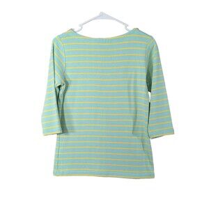 LL Bean Women SMALL Green Yellow Stripe 100% Cotton 3/4 Sleeve Pullover Sweater